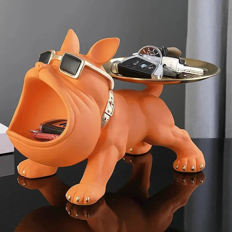 Simples Market orange resin bulldog statue storage tray; a dog sculpture with a back tray for keys and small items.