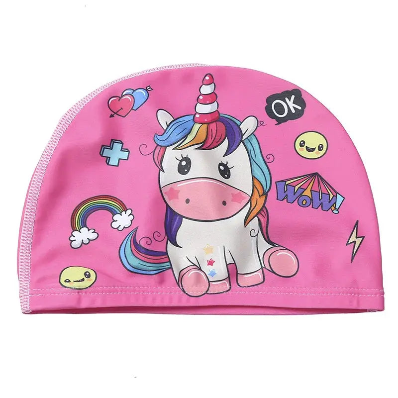 Kids Cartoon Swim Cap Elastic Fabric Pool Water Sports Ears Protection Hat Bathing Cap Boys Girls