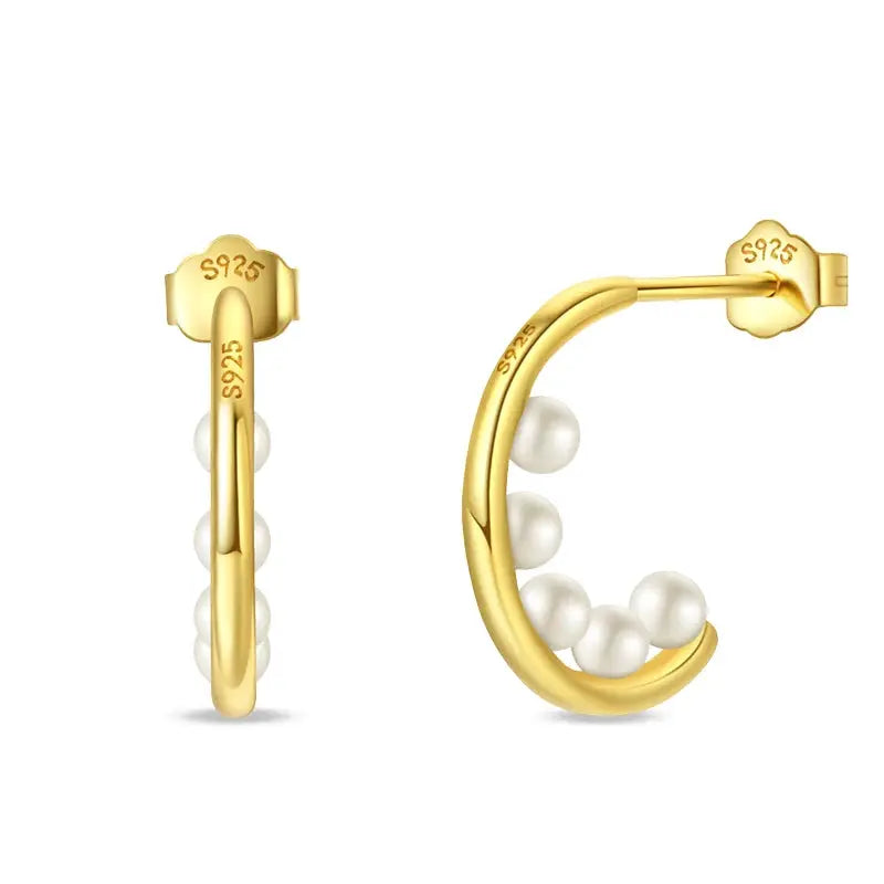 Gold-tone hoop earrings with white pearls, 925 stamped, for women