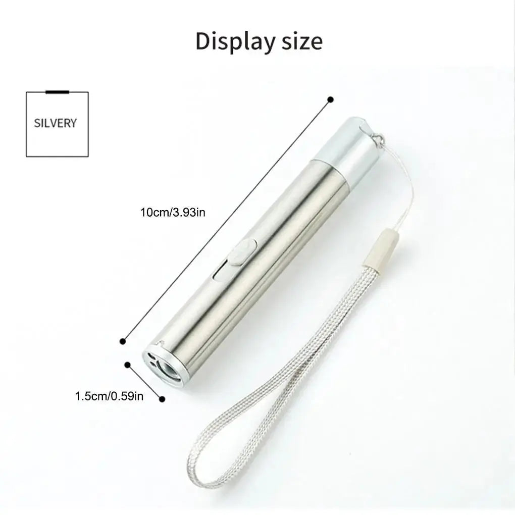 Pointer USB rechargeable 3-in-1 flashlight with infrared and UV, silver stainless-steel body with wrist strap