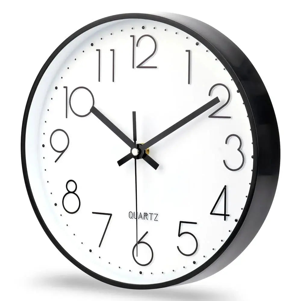 Quartz wall clock with black frame and white dial, large black numerals, silent movement.