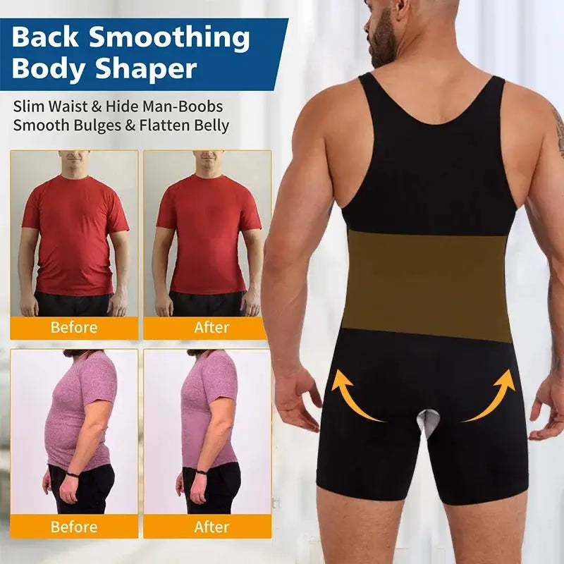 Men's full-body sleeveless shapewear; black compression bodysuit with brown waist panel.