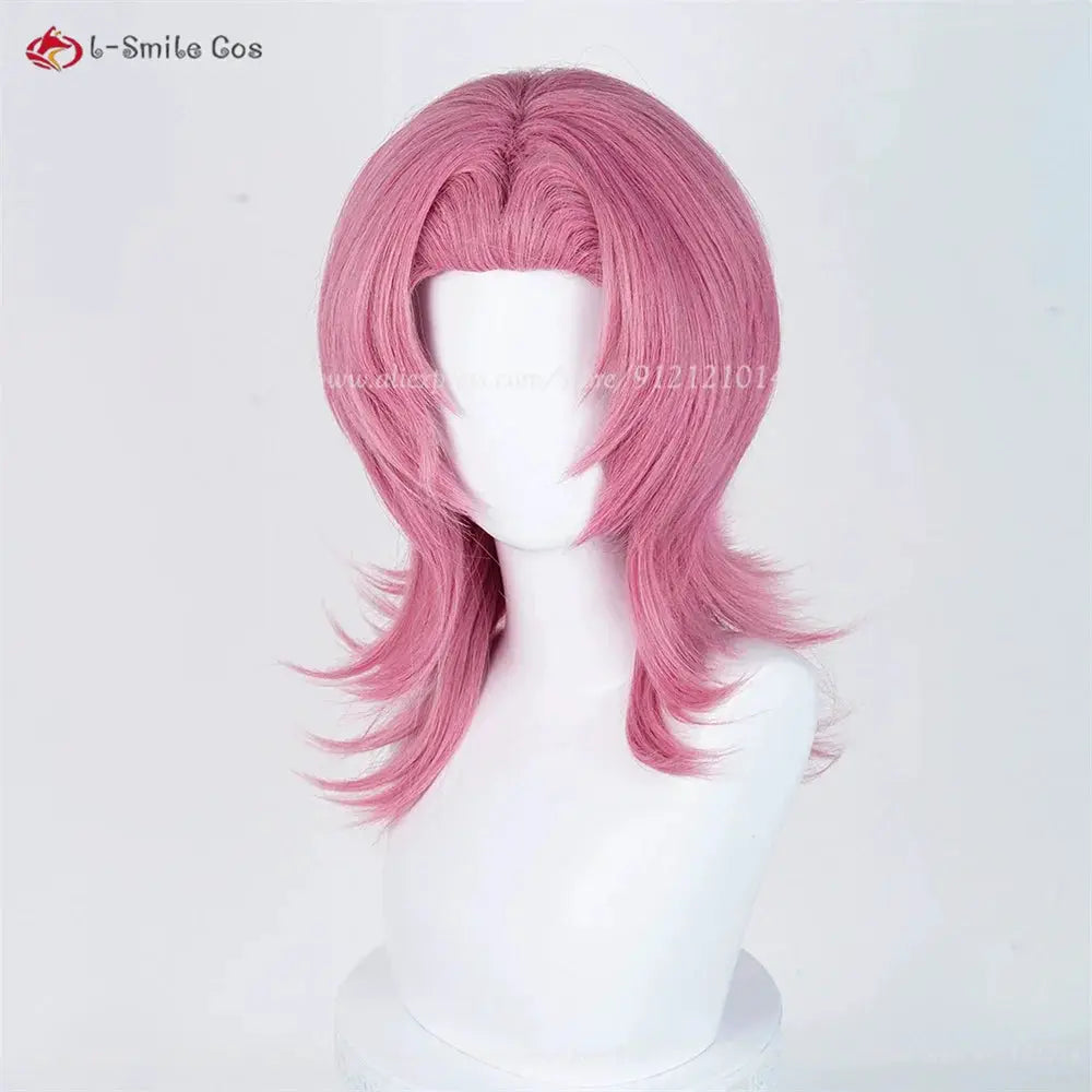 Anime cosplay wig, pink layered mid-length, heat-resistant synthetic hair for cosplay