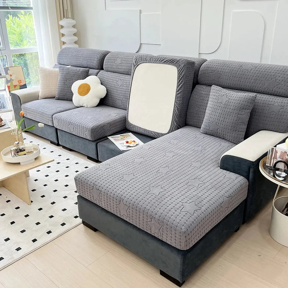 Sofa seat cushion covers in grey jacquard stretch fabric removable and washable