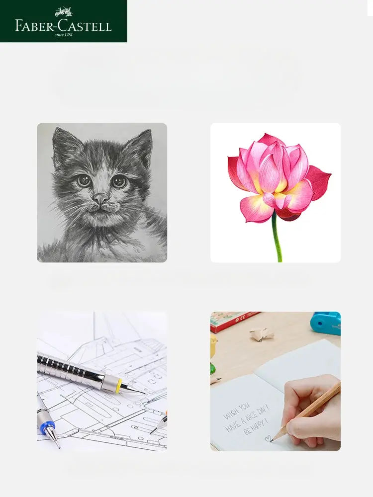 Faber-Castell Precision Tip Pen-Style Eraser collage showing four items: logo, kitten sketch, flower, pencil drawing