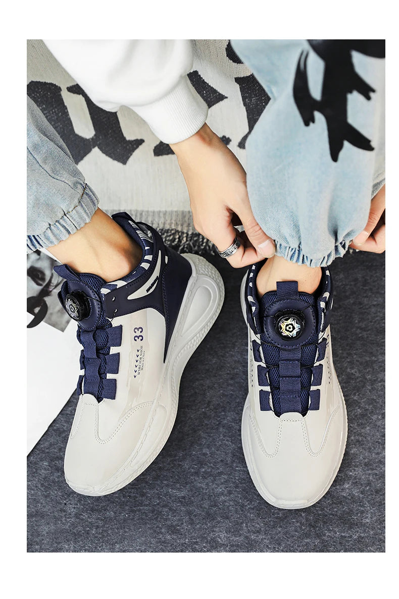 Men's navy blue and white sneakers with rotating buckle and non-slip sole