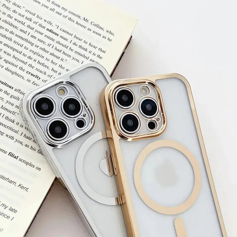 Crossbody lanyard plated iPhone case with clear back, MagSafe-compatible, silver and rose-gold tones, 2-pack