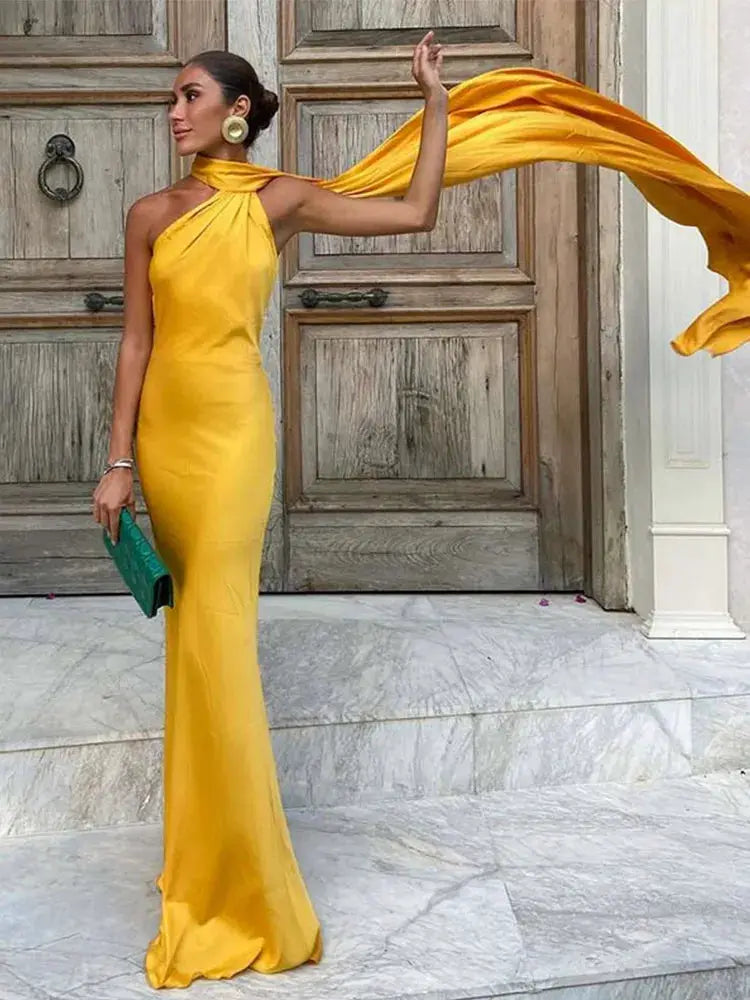 Elegant Ribbon Halter Dress Slim Fit Backless Maxi Off Shoulder Sleeveless Party Dress For Summer