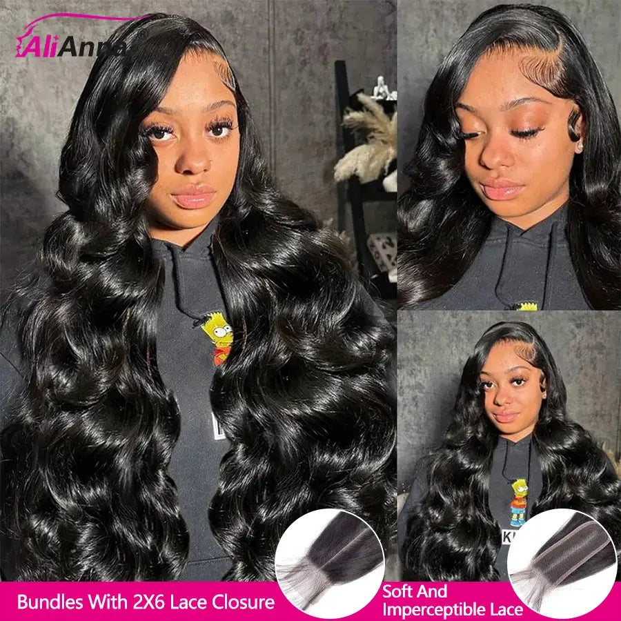 Body wave long black human-hair wig with 2x6 HD lace closure, preplucked with baby hair, Simples Market