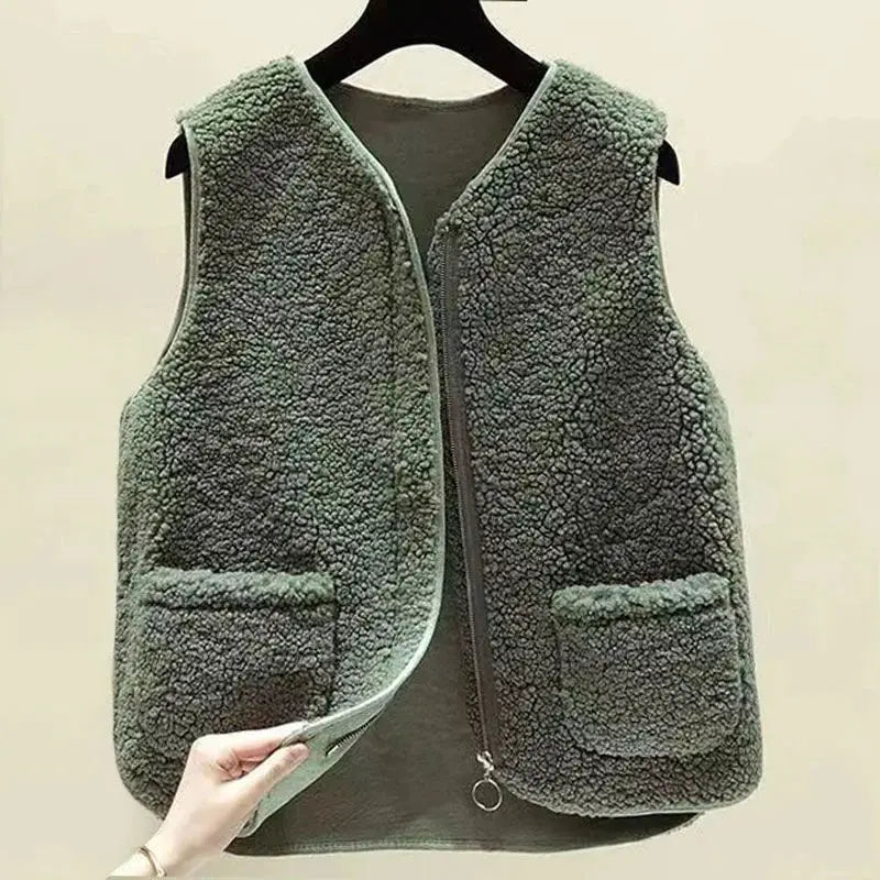Men's lamb fleece vest in olive green, zip-front sleeveless jacket with pockets