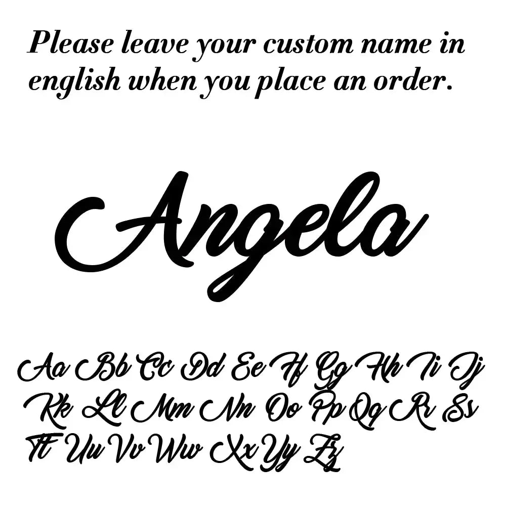 Custom name stud earrings in stainless steel by Simples Market; example name Angela in cursive