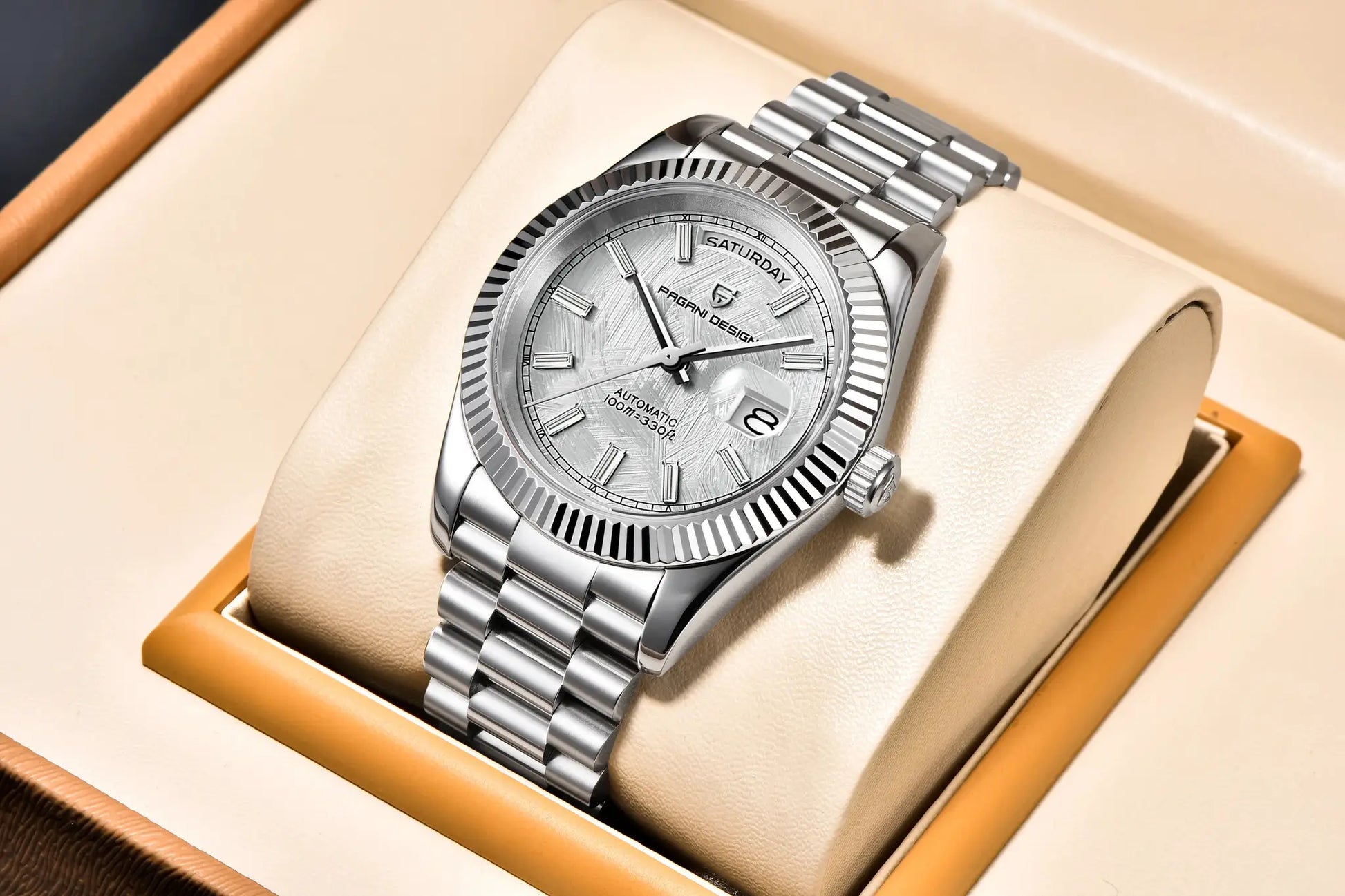 Pagani Design men's stainless steel automatic watch, silver-tone with fluted bezel and day-date window