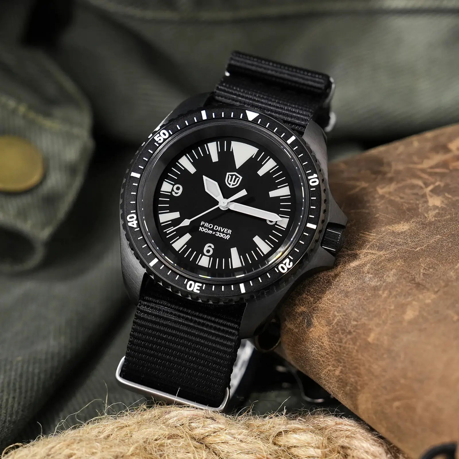 Watchdives WD1980 V3 luxury diver watch with black dial, white markers, and nylon NATO strap