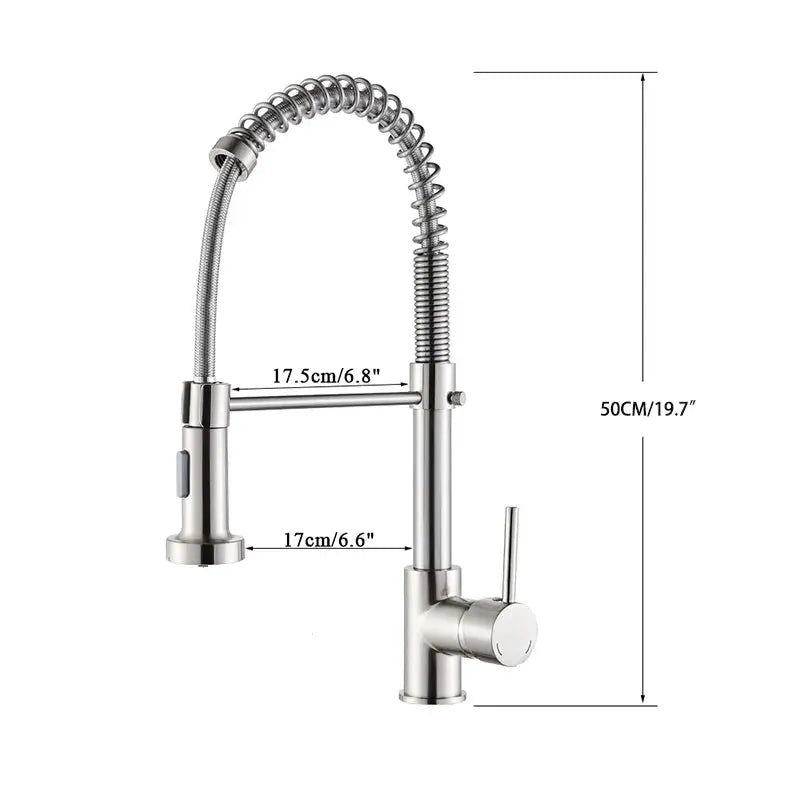 Spring brushed nickel kitchen faucet by Simples Market, deck-mounted mixer with flexible coil sprayer, 360° rotation.