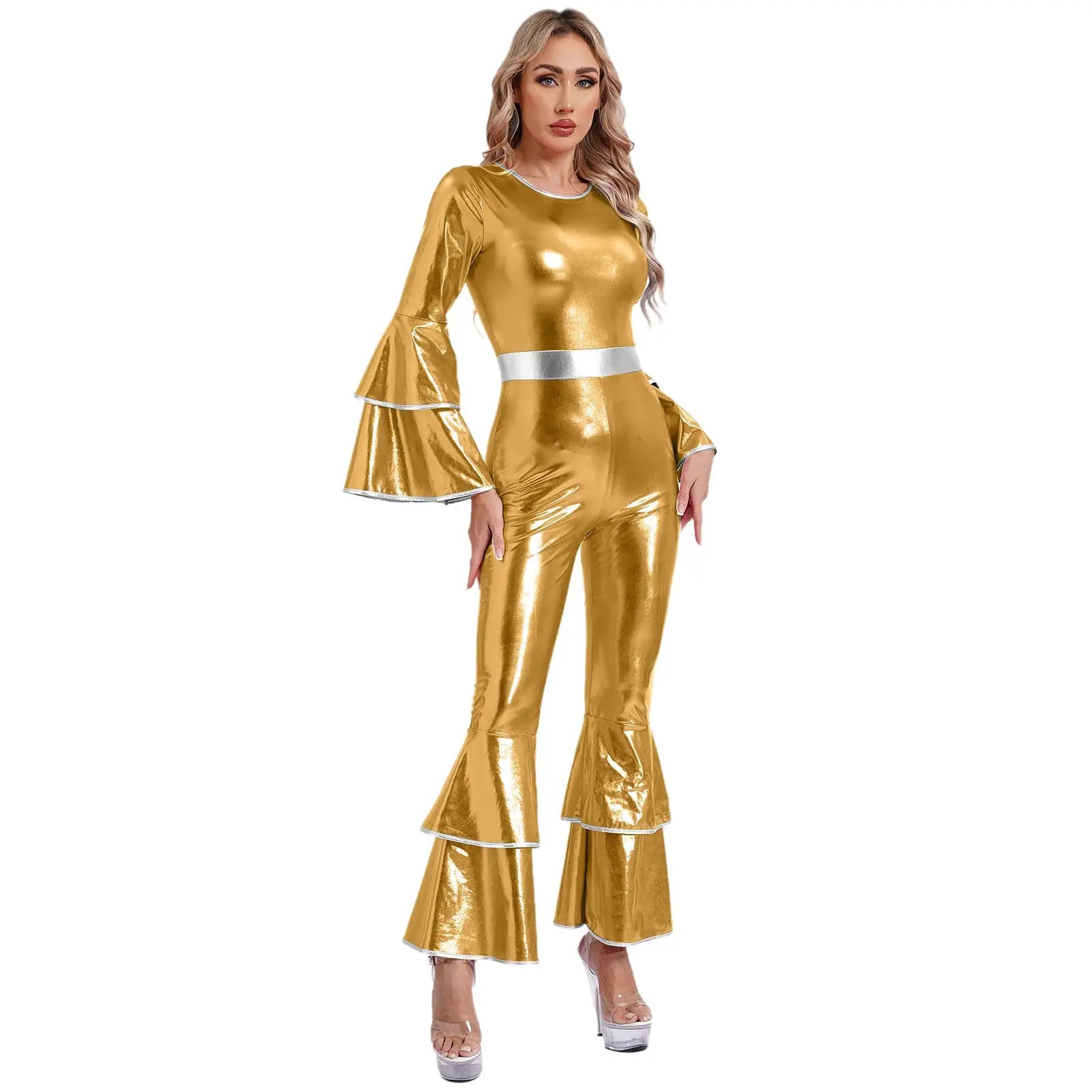 Simples Market women's gold metallic disco jumpsuit with silver waistband and bell-bottom flare sleeves