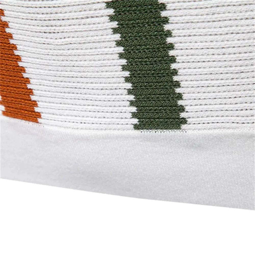Men's ribbed knit polo shirt with orange and green stripes on white fabric