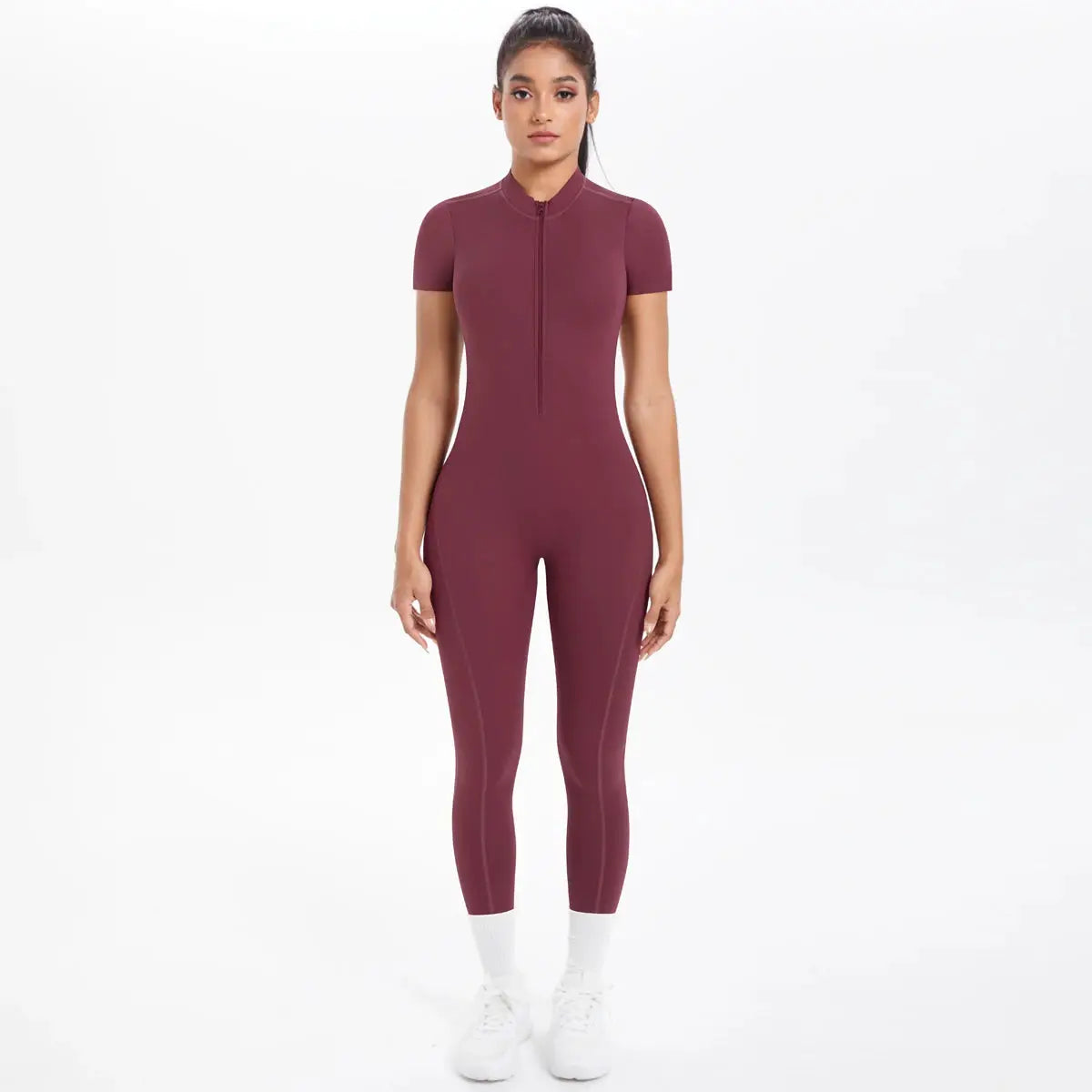 Women’s burgundy short-sleeve fitness jumpsuit, a one-piece with front half-zip
