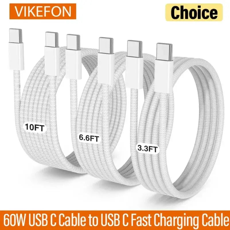 Vikefon USB C to USB C 60W Fast Charging Cable High Power Charge for iPhone 15 16 Samsung Xiaomi Huawei