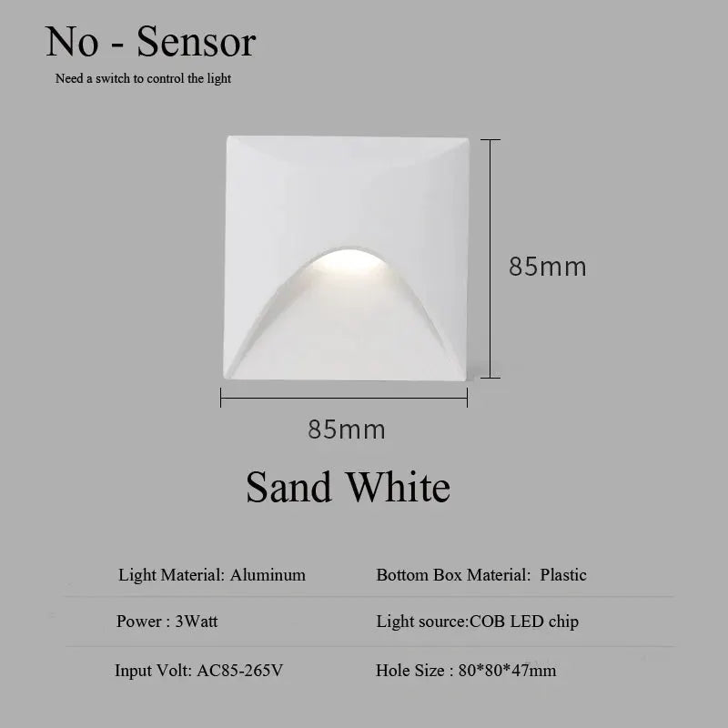 Sand White outdoor recessed wall lamp, 85mm square, 3W COB LED, IP65 waterproof