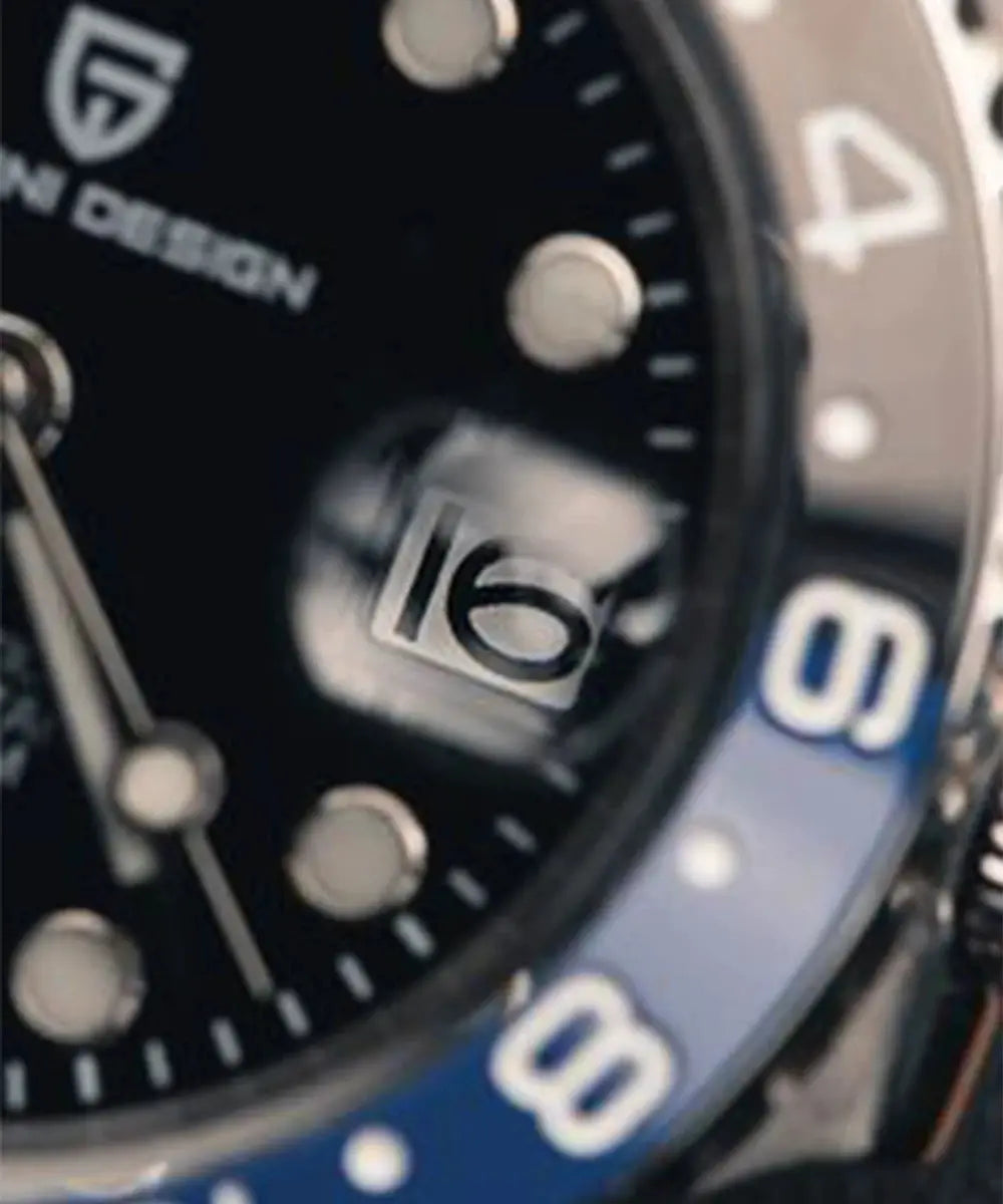 PAGANI DESIGN GMT men's watch with stainless steel case, black dial, blue bezel, and date magnifier