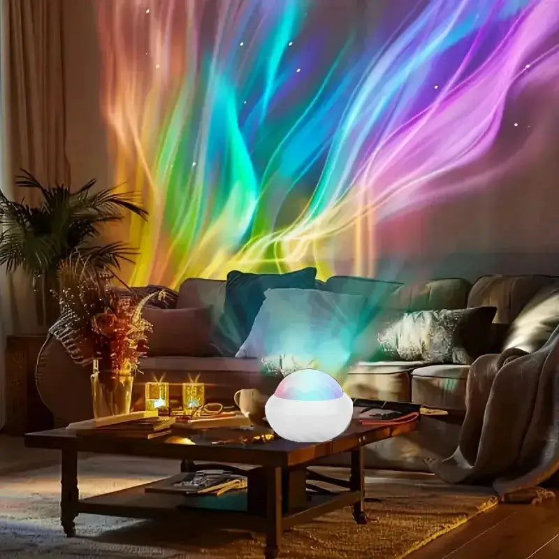 Northern Light projector lamp with white base projecting RGB aurora across the living room wall