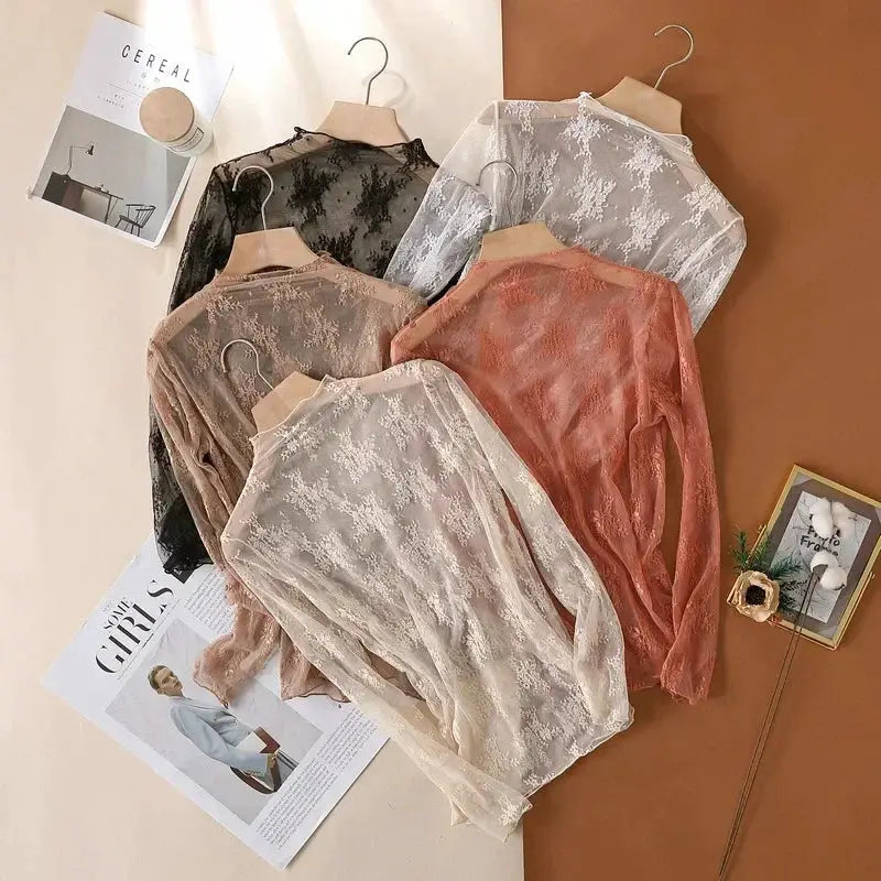 Sexy Women Mesh T Shirt See Through Top Lace Blouse Long Sleeve O Neck Sheer Crop Tee For Night Club Party