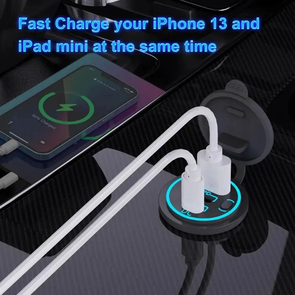 Velev 78W PD3.0 QC3.0 Dual USB C Ports Car Charger Socket Waterproof With LED Touch Switch 12V/24V For Moto