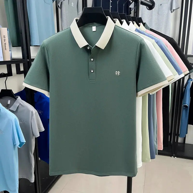 Simples Market silk-cotton polo shirt in green with cream collar and cuffs, men's short-sleeve casual top