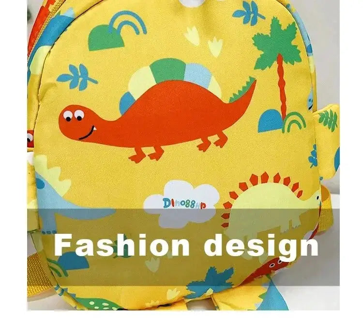 Cartoon dinosaur kids backpack, yellow with orange dinosaur illustration, adjustable straps