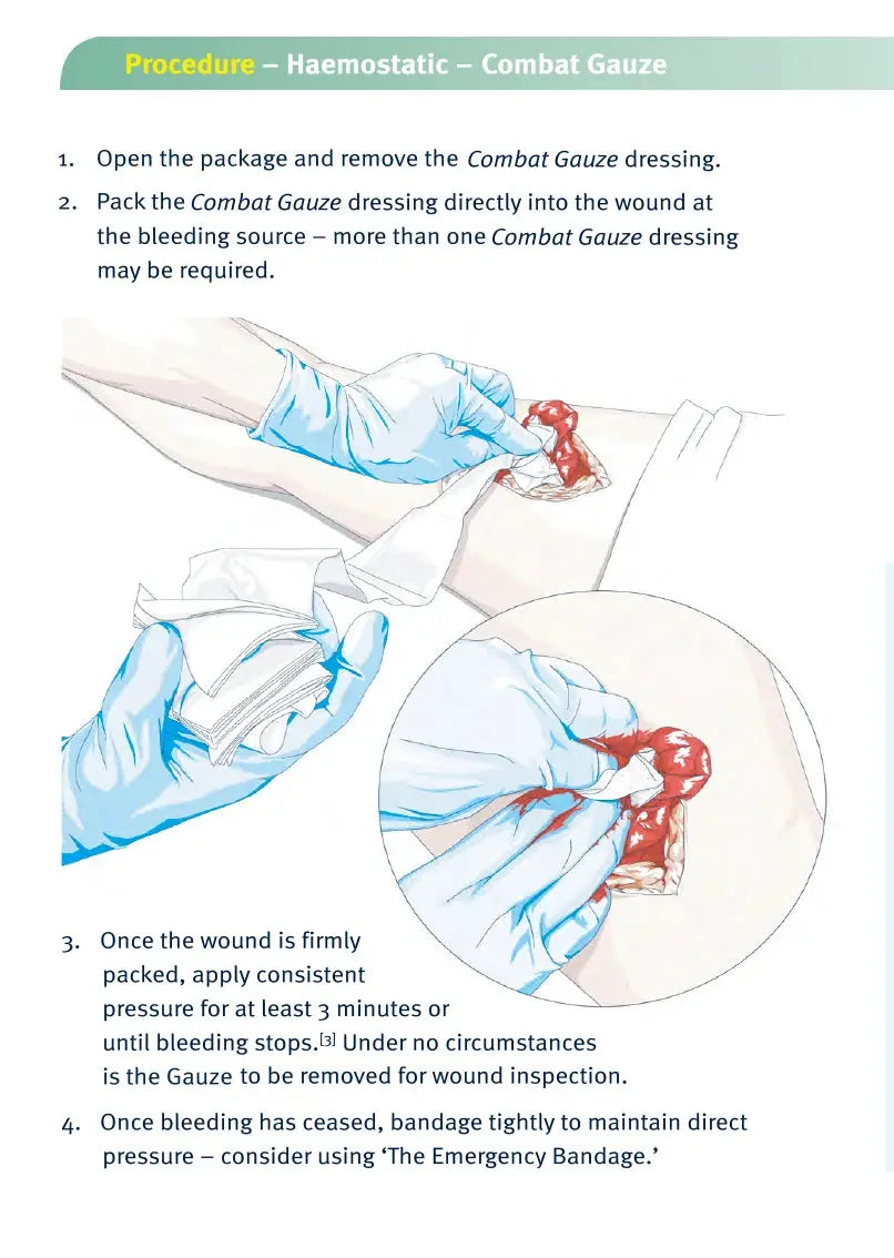 First aid compressed sterile gauze dressing shown in a haemostatic combat gauze procedure illustration.