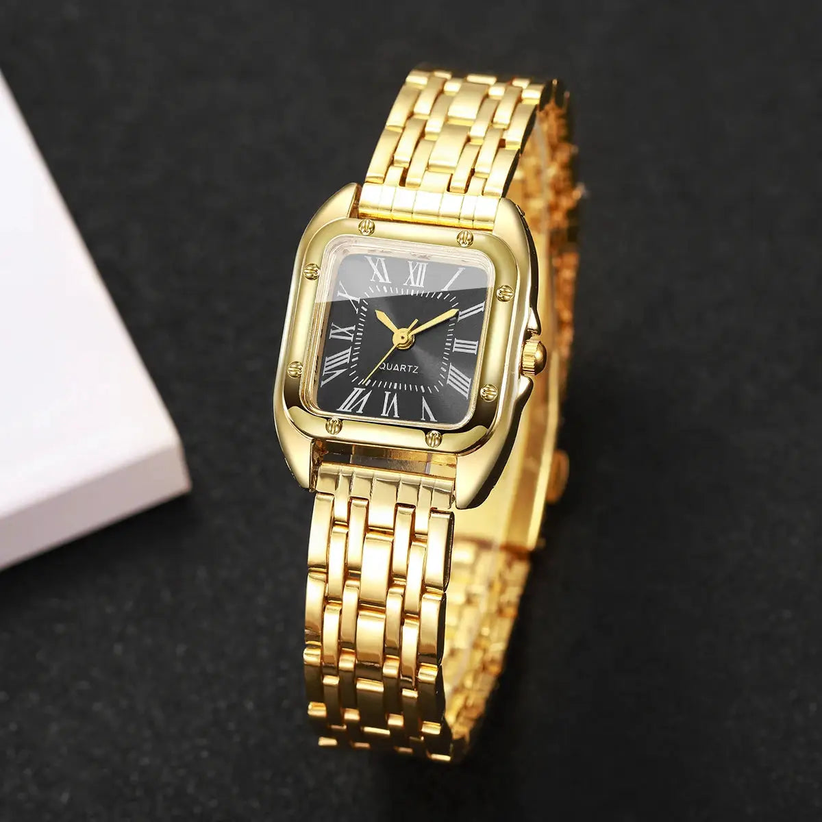 Gold-tone square women's quartz watch with Roman numeral dial and linked bracelet