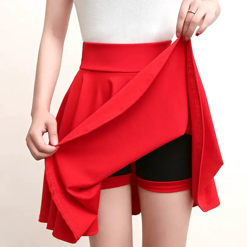 Red flared skirt with built in shorts, versatile women's mini skater style