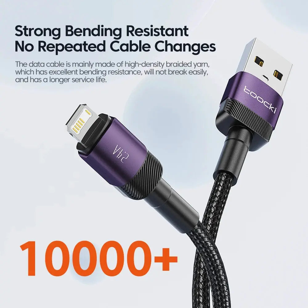 Toocki Lightning to USB-A braided charging cable for iPhone with purple aluminum ends.