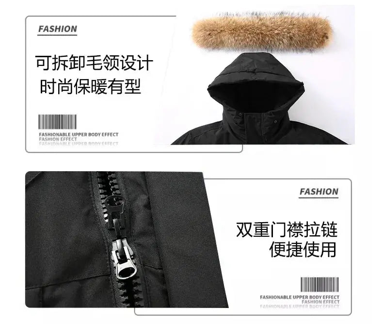 Simples Market duck-down parka with detachable fur collar, black waterproof winter hooded coat and two-way zipper