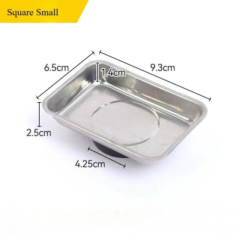 Magnetic stainless steel parts tray, small square bowl with circular recessed area, 9.3x6.5x2.5 cm