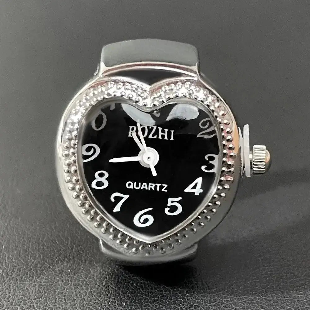 RetroPulse Heart Ring Watch With Adjustable Elastic Strap For Finger Sizes And Vintage Punk Roman Quartz Movement