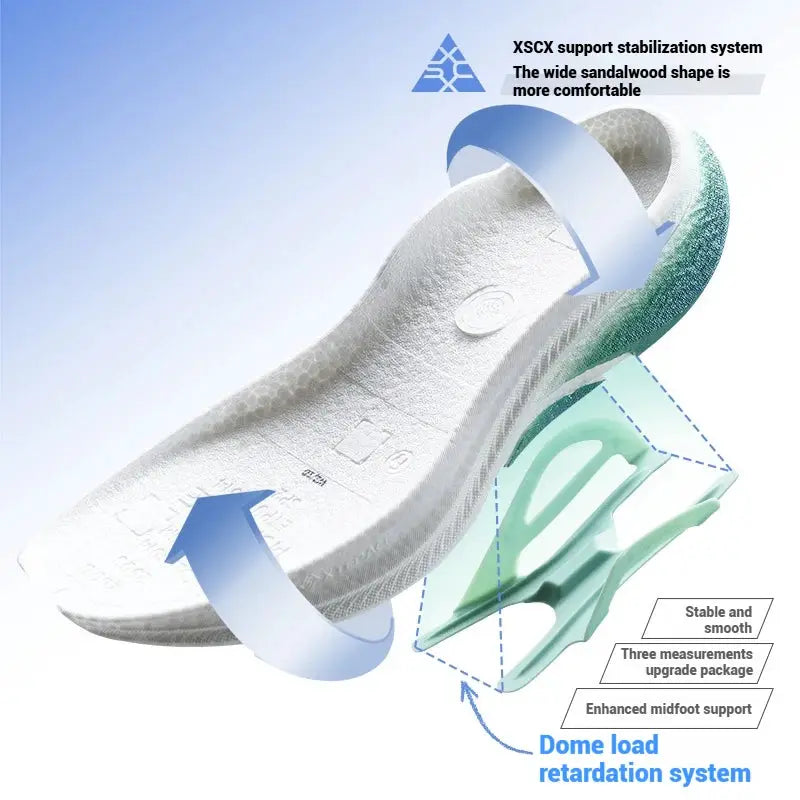 Xtep running shoes with white insole and green midfoot support, showing dome load retardation system