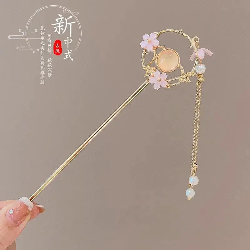 Elegant Chinese Style Romantic Enameled Flower Tassel Hair Clip Alloy Jewelry Hairpin For Women Fashion Accessory
