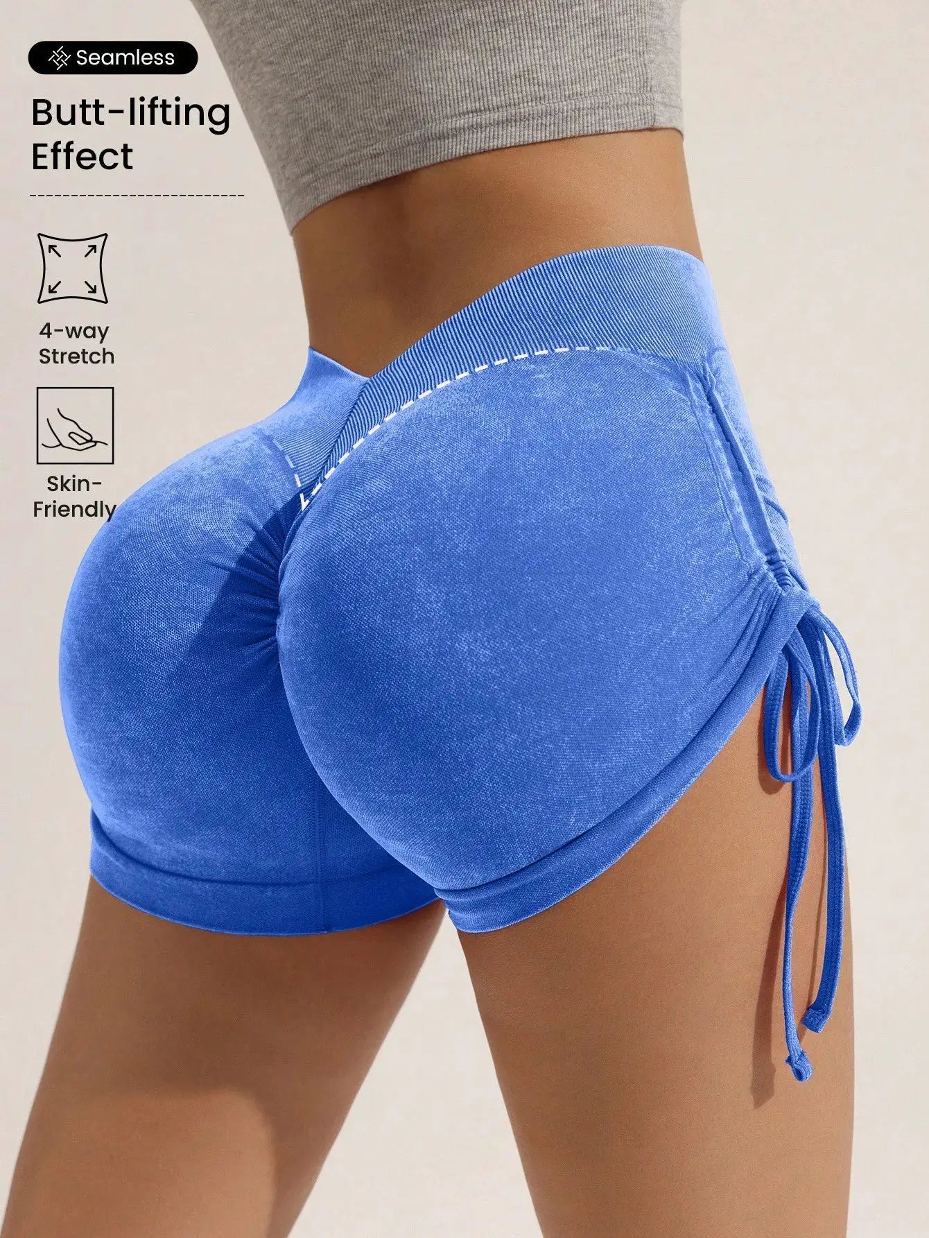 Drawstring frosted shorts for women in blue with butt-lifting effect and 4-way stretch by Simples Market