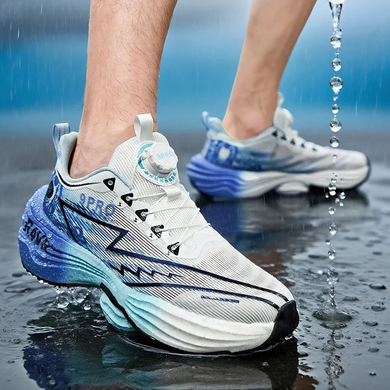 Pair of men's running shoes, white upper with blue gradient outsole and black line accents