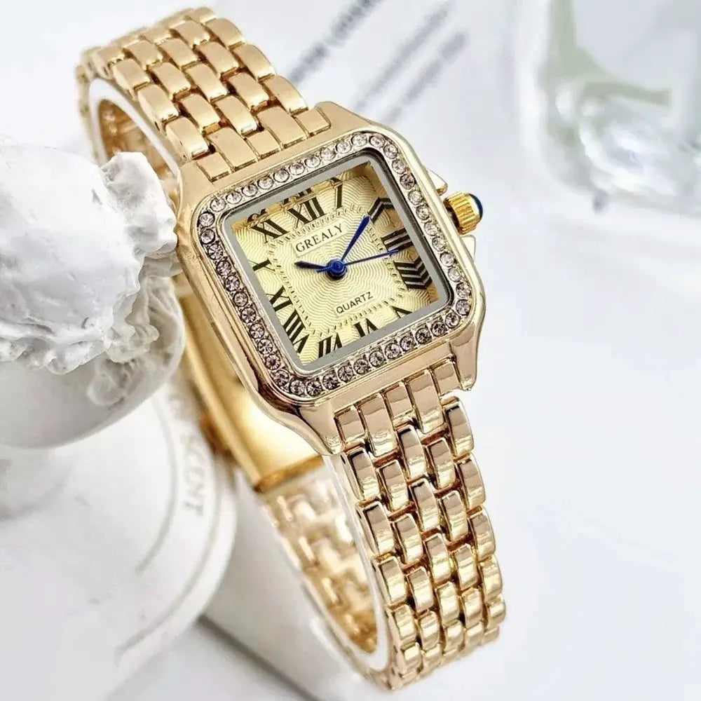 Women’s gold-tone square rhinestone wristwatch by Simples Market with Roman numerals and bracelet band