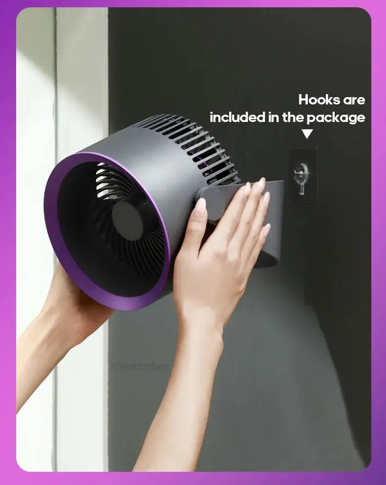 KINSCOTER multifunctional electric fan circulator with purple rim mounted on a wall bracket; hooks included