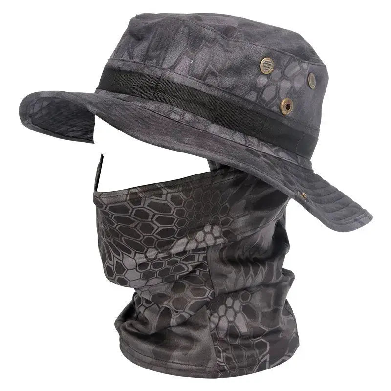 Simples Market camouflage boonie hat with matching gray neck gaiter, UV-protection for hiking