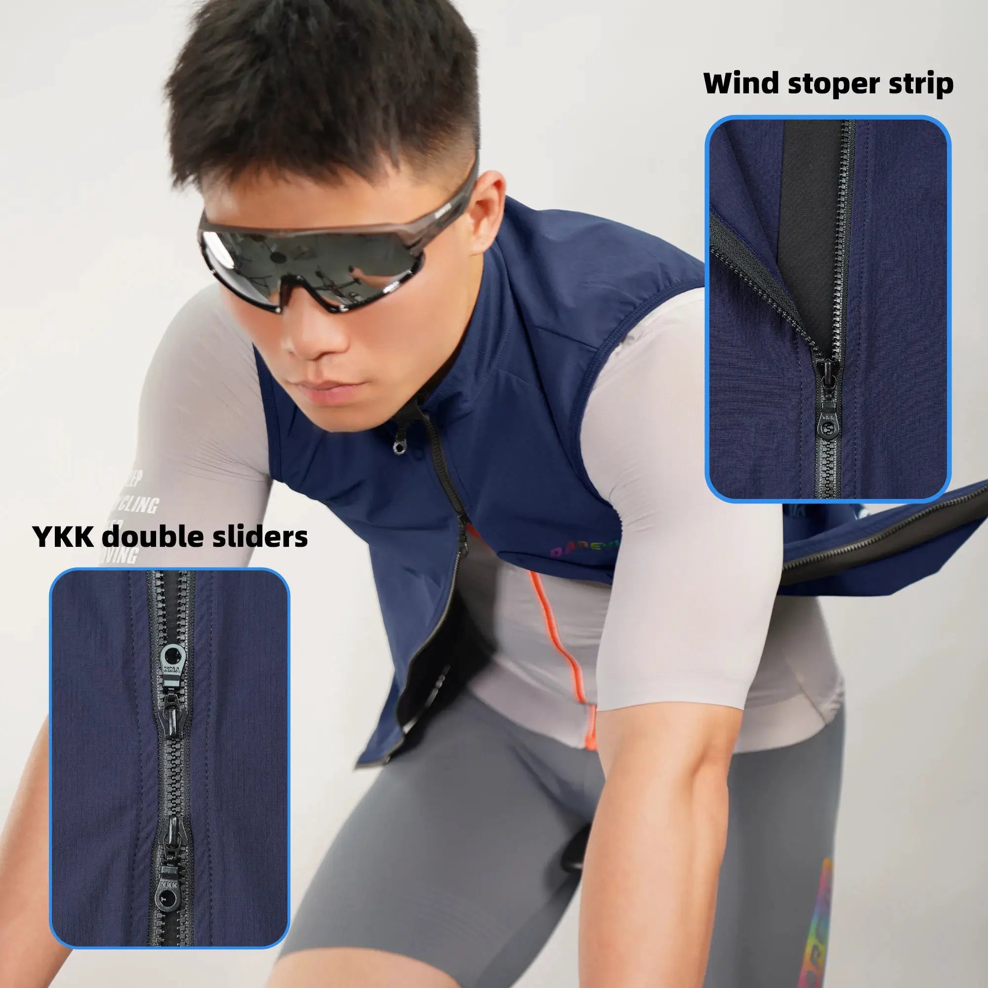 DAREVIE cycling vest navy blue with YKK two-way zipper for windproof riding.