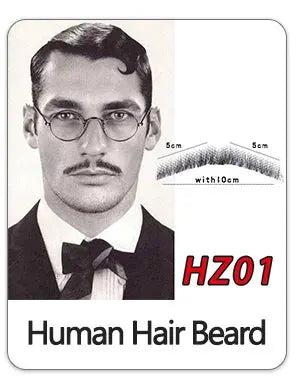 Human Hair Beard product label featuring a vintage black-and-white portrait and red HZ01.