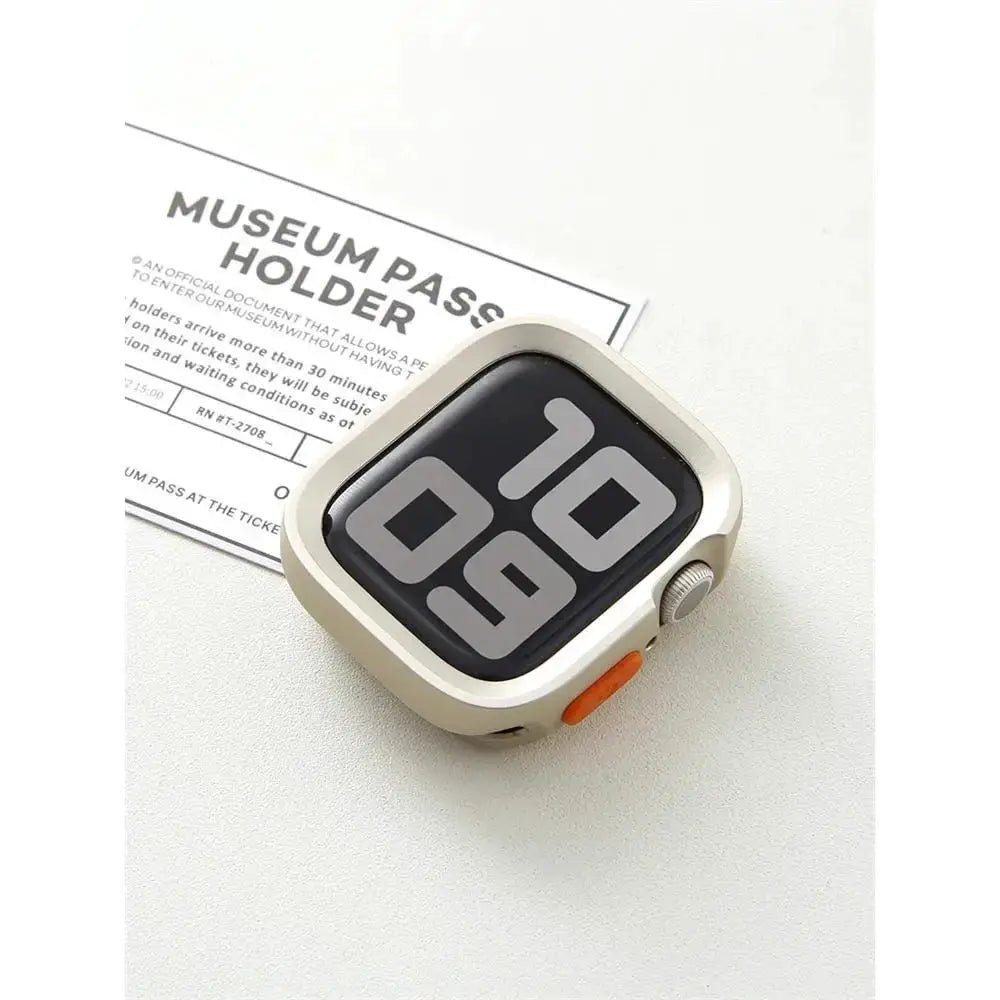 Bumper soft silicone Apple Watch case in beige with orange side button, anti-drop matte cover