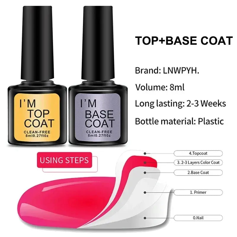 Nail polish kit with 2 bottles: top coat and base coat in black bottles with yellow and purple labels