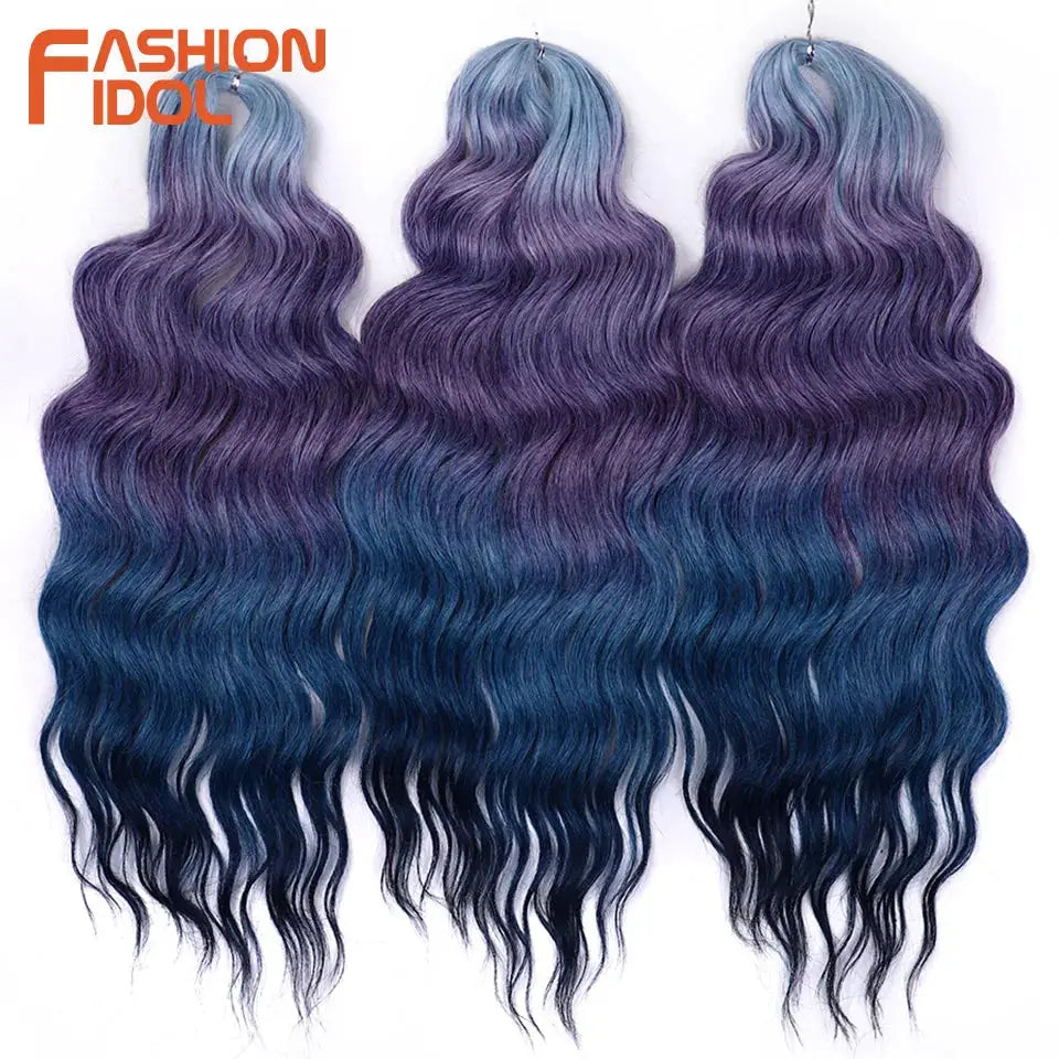 Anna 24in synthetic water-wave braiding hair extensions, ombre purple–blue, 3 bundles; Fashion Idol logo