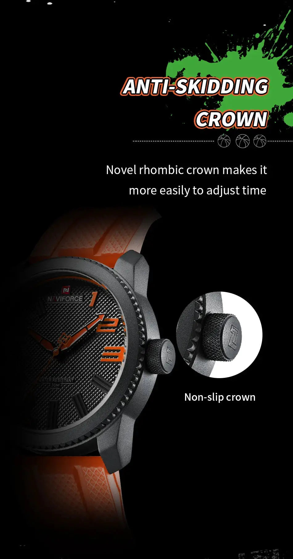 NAVIFORCE men's quartz watch with orange silicone strap and black textured dial