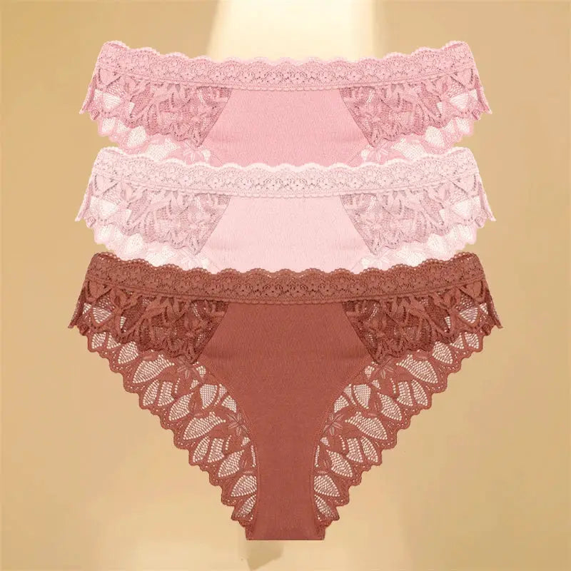 FINETOO 3-piece lace hollow-out underwear set for women; low-rise floral lace briefs in pink and brown